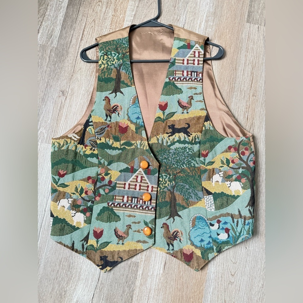 VTG RARE Farm Animal Chicken Duck Multi Color Tapestry Vest Cottage Core Size L - Picture 6 of 9